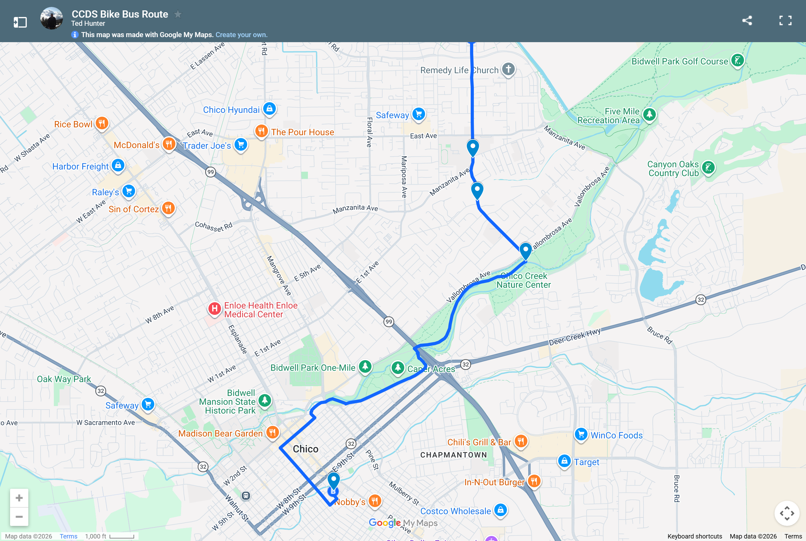 Map of the Hancock Park → Chico Country Day School Bike Bus route