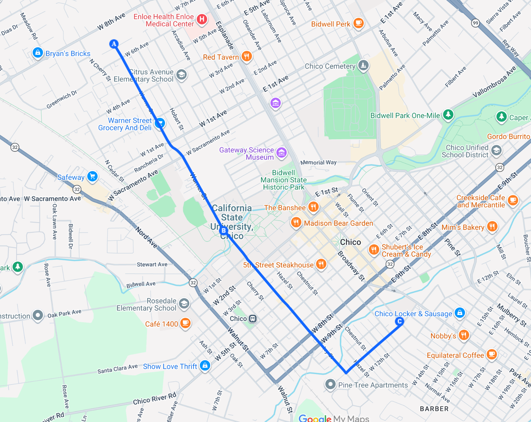Map of the West Chico → Chico Country Day School Bike Bus route